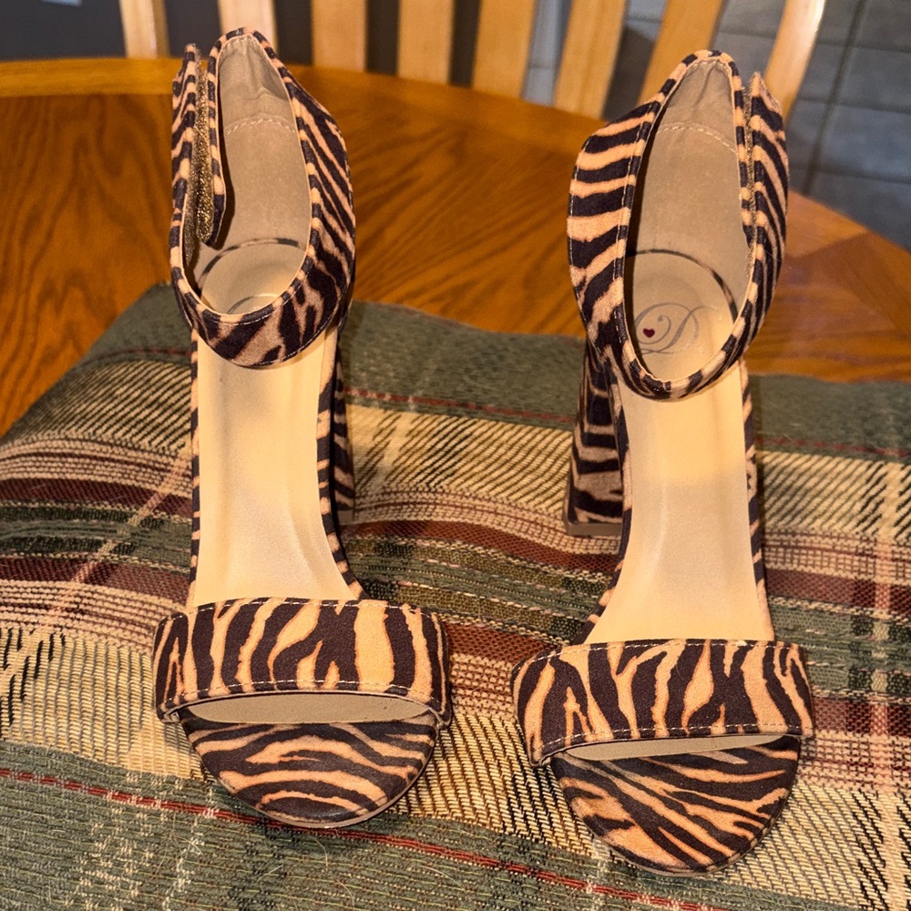 Zebra-Print Ankle-Strap Block Heels in Black and Tan
